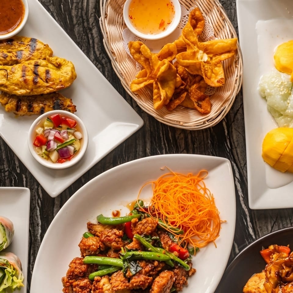 Overhead view of a variety of Thai dishes, including satay, spring rolls, and mango sticky rice.