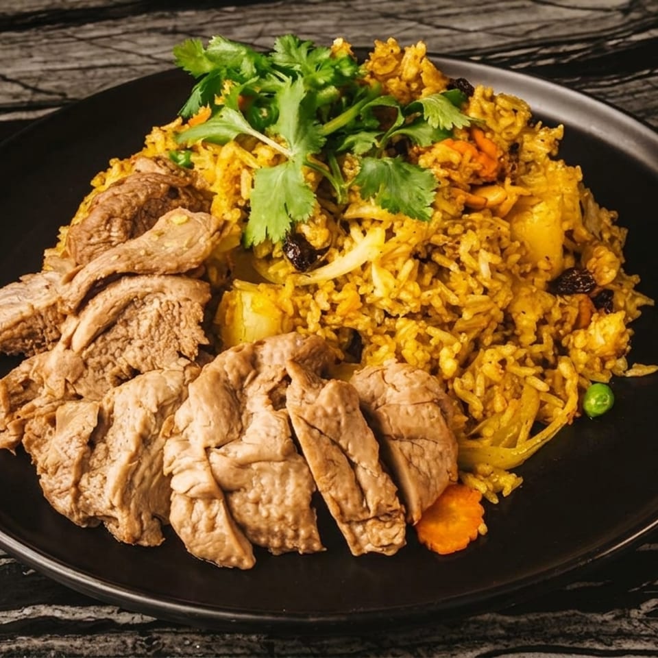 Sliced duck and pineapple fried rice with cilantro on a black plate.