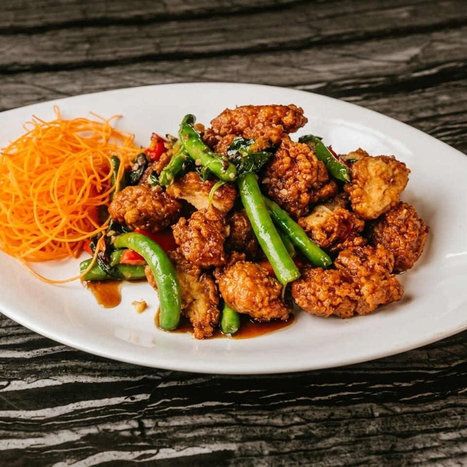 Crispy fried chicken with green beans and shredded carrots on a white plate.