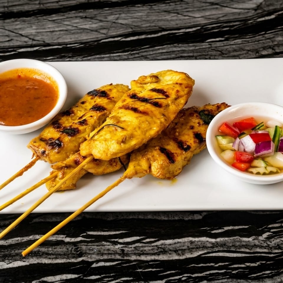 Grilled chicken satay skewers with peanut sauce and cucumber relish on a white plate.