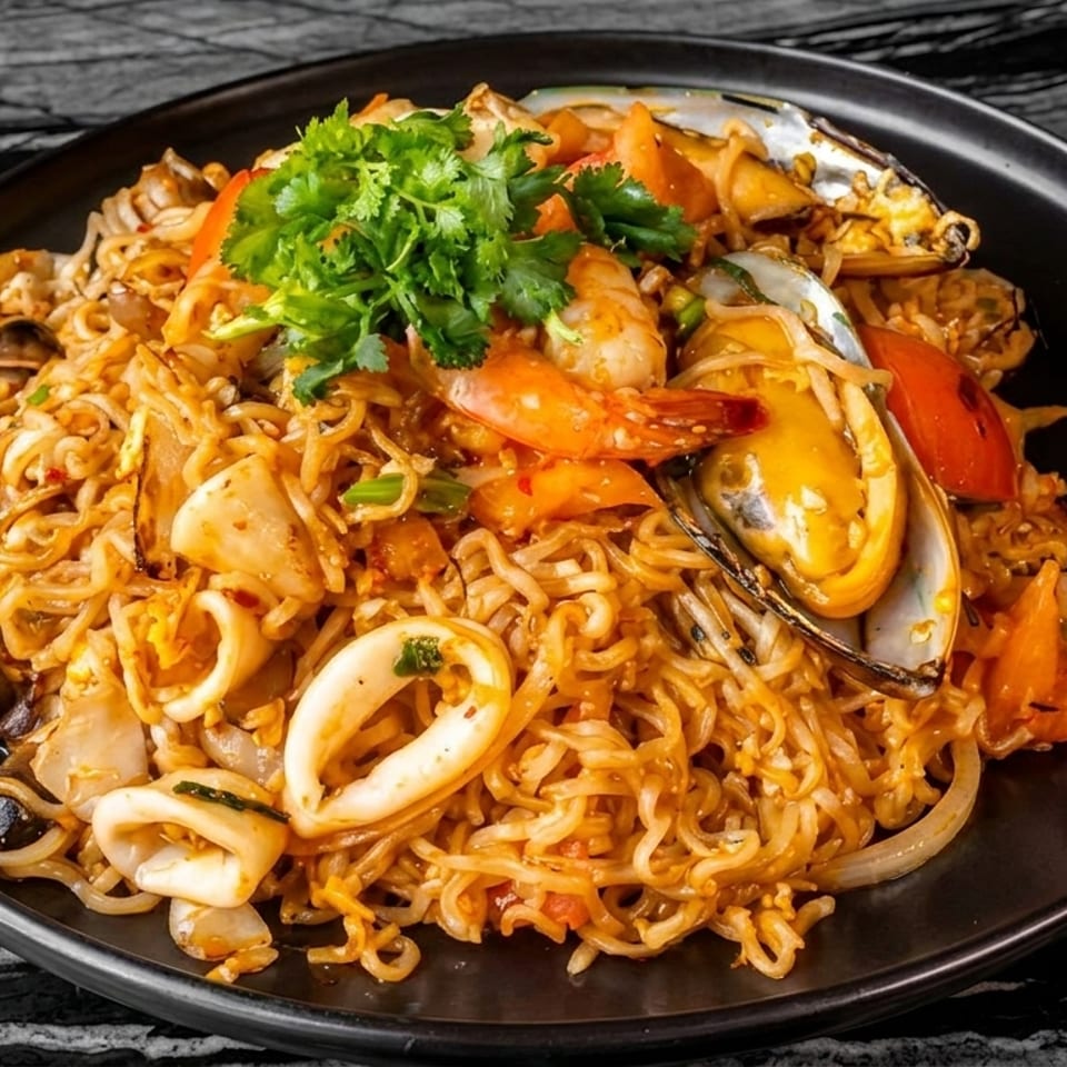 A black plate filled with seafood noodles, garnished with fresh cilantro, on a marble surface.